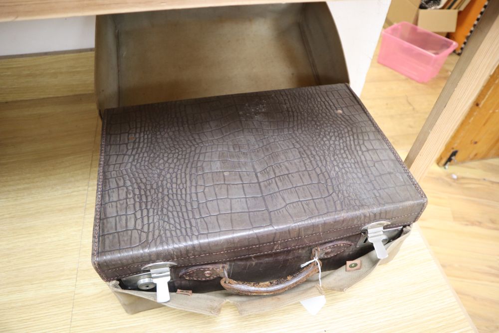 A faux crocodile suitcase and cover, width 45cm depth 30cm height 18cm